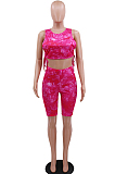 Rose Red Casual Polyester Sleeveless Round Neck Tank Top Cropped Pants Sets CCY8626