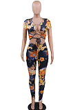 Flower Color Sexy Polyester Floral Short Sleeve Self Belted Utility Blouse Long Pants Sets CCY8537