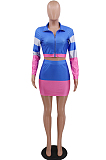 Pink Casual Polyester Long Sleeve Spliced Utility Blouse Above Knee / Short Skirt Sets CCY8512