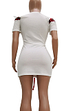Sexy Polyester Mouth Graphic Short Sleeve Round Neck Eyelet Belted Mini Dress TRS1057