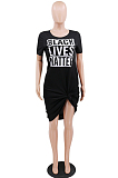 Black Casual Polyester Letter Short Sleeve Round Neck Mid Waist Shift Dress CCY8603