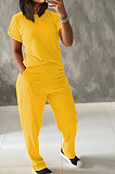 Casual Polyester Pure Color Short Sleeve Round Neck Tee Top Straight Leg Pants Sets TRS1049