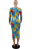 Blue Casual Polyester Floral Long Sleeve Round Neck All Over Print Mid Waist Long Dress CCY8616