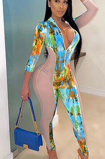 Blue Sexy Polyester Half Sleeve Spliced Bodycon Jumpsuit CCY8563