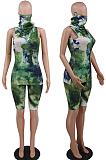 Green Casual Polyester Tie Dye Sleeveless Round Neck Tank Top Shorts Sets CCY8527