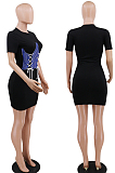 Black Casual Polyester Short Sleeve Round Neck Knotted Strap Mid Waist Mini Dress CCY8554