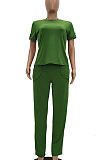 Casual Polyester Pure Color Short Sleeve Round Neck Tee Top Straight Leg Pants Sets TRS1049