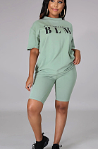 Green Casual Polyester Letter Short Sleeve Round Neck Tee Top Shorts Sets CCY8605