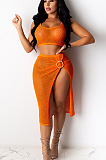 Orange Sexy Polyester Sleeveless Round Neck Tank Top Midi Skirt Sets CCY8525
