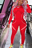 Red Casual Polyester Long Sleeve Round Neck Tee Top Long Pants Sets QQM4078