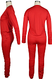 Rose Red Casual Polyester Long Sleeve Round Neck Ruffle Tee Top Long Pants Sets QQM4073