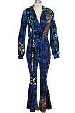 Multi Sexy Polyester Long Sleeve Deep V Neck All Over Print Bodycon Jumpsuit SMR9634