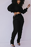 Pink Casual Polyester Long Sleeve Round Neck Ruffle Tee Top Long Pants Sets QQM4077