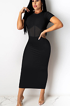 Black Casual Polyester Short Sleeve Round Neck Spliced Mid Waist Long Dress QQM4070