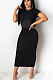 Black Casual Polyester Short Sleeve Round Neck Spliced Mid Waist Long Dress QQM4070