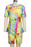 Casual Polyester Short Sleeve Round Neck All Over Print Tee Top Shorts Sets SMR9648
