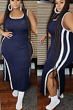 Dark Blue Casual Polyester Sleeveless Round Neck Split Hem Mid Waist Long Dress GL6282