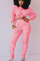 Pink Casual Polyester Long Sleeve Round Neck Ruffle Tee Top Long Pants Sets QQM4077
