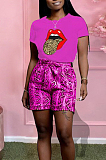 Casual Cotton Tongue Graphic Snakeskin Short Sleeve Round Neck Tee Top Shorts Sets X9241