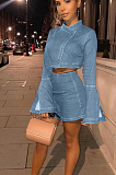 Light Blue Casual Polyester Long Sleeve Utility Blouse Above Knee / Short Skirt Sets GL6285