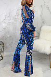 Multi Sexy Polyester Long Sleeve Deep V Neck All Over Print Bodycon Jumpsuit SMR9634
