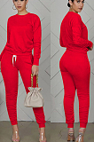 Rose Red Casual Polyester Long Sleeve Round Neck Ruffle Tee Top Long Pants Sets QQM4073