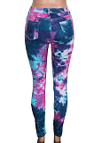 Dark Blue Rose Red Casual Polyester Tie Dye Ripped High Waist Long Pants SN3844