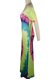 Blue Casual Polyester Short Sleeve Round Neck Mid Waist Long Dress QQM3725
