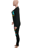 Black Casual Polyester Letter Long Sleeve Round Neck Tee Top Long Pants Sets SN3822