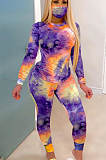 Light Blue Orange Yellow Casual Polyester Tie Dye Long Sleeve Round Neck Tee Top Long Pants Sets SN3825