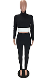 Black Casual Polyester Long Sleeve High Neck Tee Top Long Pants Sets LMM8172