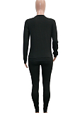 Black Casual Polyester Letter Long Sleeve Round Neck Tee Top Long Pants Sets SN3822