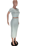 Grey Casual Polyester Short Sleeve Round Neck Tee Top Long Skirt Sets LMM8169