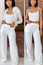 White Casual Polyester Sleeveless Hoodie Long Pants Sets SN3824