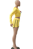 Yellow Casual Polyester Long Sleeve Hoodie Shorts Sets YYF8028