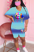 Blue Casual Polyester Mouth Graphic Short Sleeve Round Neck Tee Top Shorts Sets SN3833