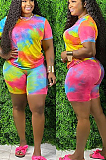 Purple Pink Casual Polyester Tie Dye Short Sleeve Round Neck Tee Top Shorts Sets SN3828