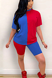 Blue Grey Casual Polyester Short Sleeve Round Neck Spliced Tee Top Shorts Sets SN3830