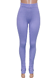 Purple Casual Polyester Rib-Knit High Waist Long Pants SN3835