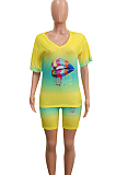 Blue Casual Polyester Mouth Graphic Short Sleeve Round Neck Tee Top Shorts Sets SN3833