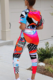 Casual Polyester Short Sleeve Round Neck All Over Print Tee Top Capris Pants Sets KF194