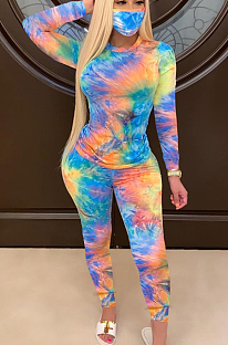 Light Blue Orange Yellow Casual Polyester Tie Dye Long Sleeve Round Neck Tee Top Long Pants Sets SN3825