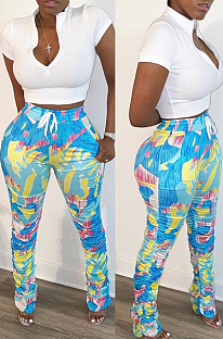 Blue Casual Polyester Geometric Graphic Short Sleeve Waist Tie Ruffle Tee Top Long Pants Sets SN3826