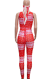 Red Sexy Polyester Sleeveless Self Belted Hollow Out Tank Jumpsuit SN3818
