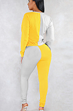 Orange Casual Polyester Long Sleeve Round Neck Spliced Tee Top Long Pants Sets YYF8063