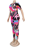 Casual Polyester Short Sleeve Round Neck All Over Print Tee Top Capris Pants Sets KF194