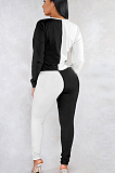 Orange Casual Polyester Long Sleeve Round Neck Spliced Tee Top Long Pants Sets YYF8063