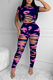 Casual Polyester Camo Short Sleeve Round Neck Ripped Crop Top Long Pants Sets LA3209