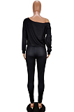 Black Casual Polyester Mouth Graphic Long Sleeve Tee Top Long Pants Sets AA5100