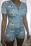 Casual Polyester Short Sleeve Cartoon Graphic Button Up Bodycon Jumpsuit BN9246